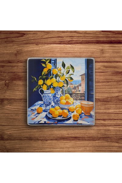 Baumatelier Italy Positano Tile Lemon Garden Themed Natural Stone Travertine Coasters Stone Coasters Set of 4