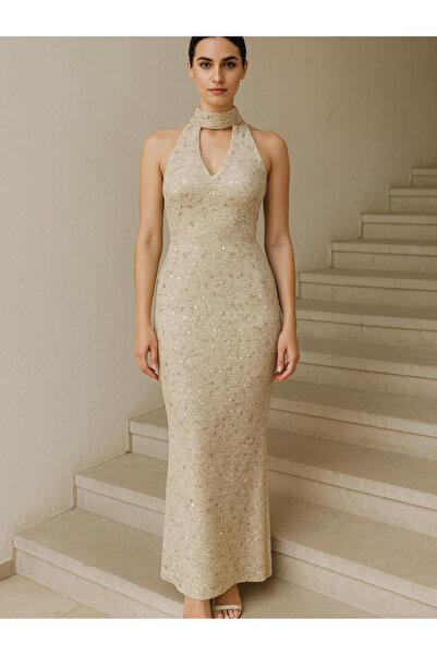 TREN Gold Sequin Halter Neck Evening Gown | Sleeveless Bodycon Maxi Dress for...