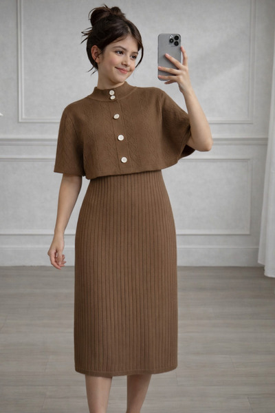 NEWCO Girl's Brown Knitwear Dress & Sleeveless Buttoned Bolero Cardigan Set 2...