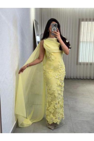 TREN Yellow Floral Embroidered Evening Gown with Chiffon Cape - Elegant Forma...