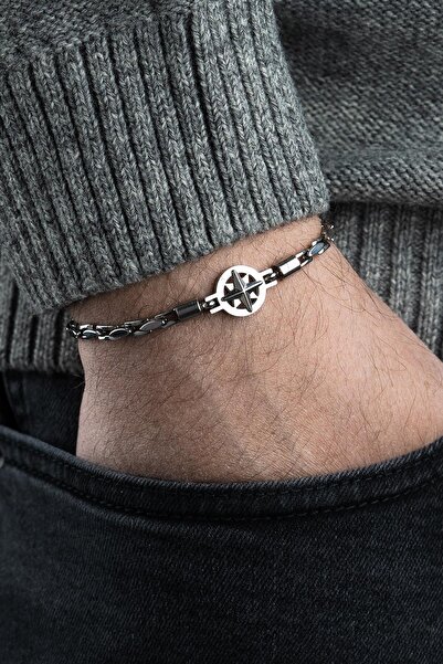 FRNCH 316L Çelik İtalyan Model Pusula Figürlü Gümüş Renk Erkek Bileklik FRJ12...