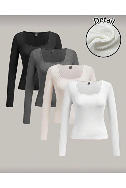 MİLYA&GYM Pachet de 4 bluze crop pentru femei, din bumbac, cu guler pătrat, c...