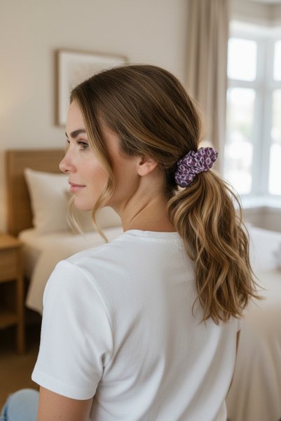 Pirene Velora Scrunchie – Plum Chiffon Hair Tie with Geometric Pattern
