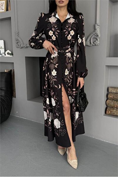 Neşeli Butik Women Black Big Flower Print Full Length Buttoned Imported Fabri...