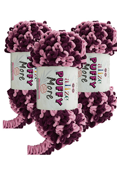 Alize Puffy More Hand Knitting Yarn 3 Pieces – 6278 Plum / Pink – 150 Gr. 11....