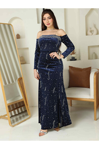TREN Navy Blue Off-Shoulder Velvet Evening Gown with Pearl Embellishments & L...