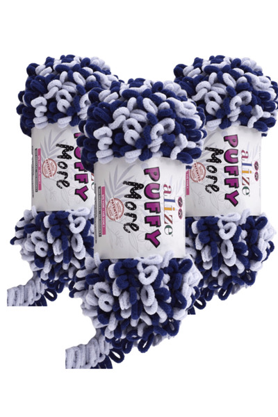 Alize Puffy More Hand Knitting Yarn 3 Pieces –6279 Navy Blue/Ice Blue– 150 Gr...
