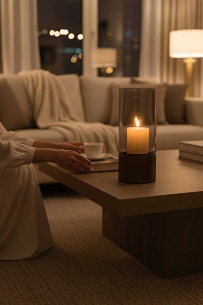 luss collection Ahşap Ayaklı İskandinav Tarzı Cam Silindir Mumluk - Vazo En 1...