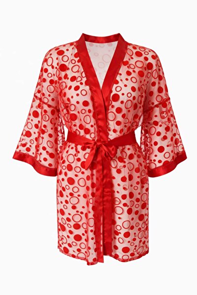 GOB Büyük Beden GoB Signature Kırmızı Desenli Tül Kimono – Büyük Beden, Şık v...
