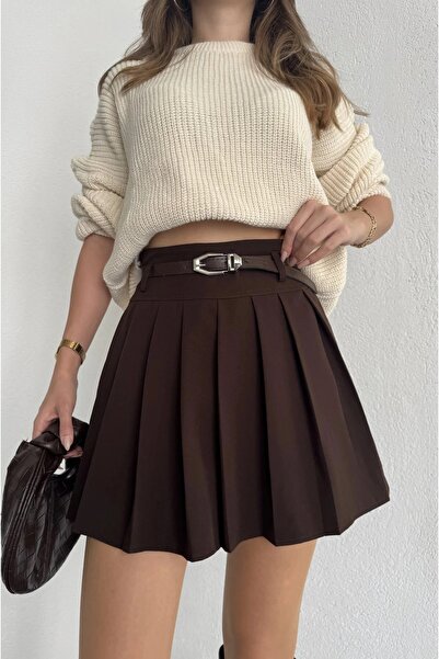 KaSheHa Kadın Kahverengi Astarlı Şortlu Kemersiz Pileli Kışlık Mini Etek