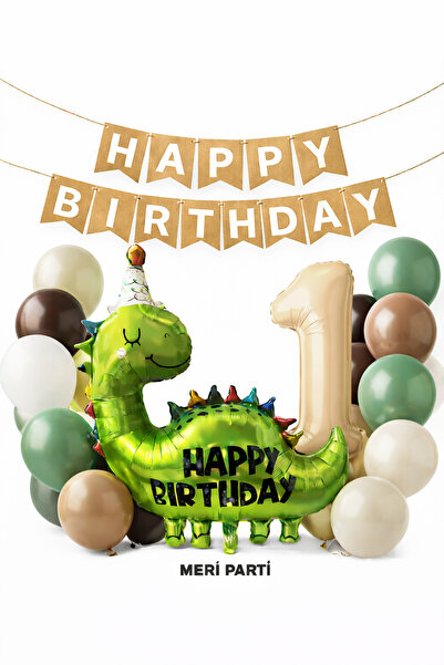 MERİ PARTİ Dinozor Temalı Yaş Seçenekli Doğum Günü Balon Seti – Kraft & Bej D...