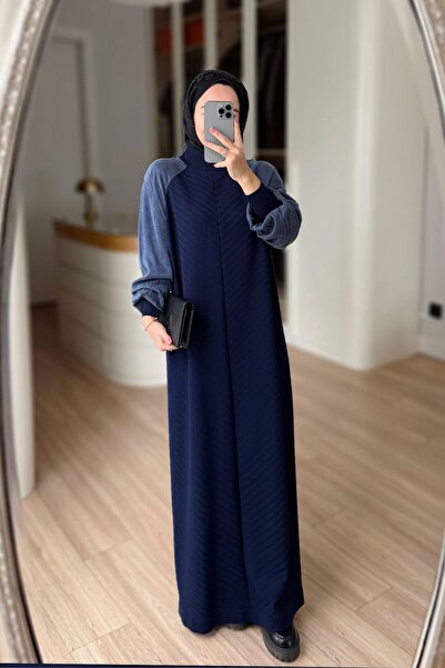 Ka Hijab Self-Patterned Half Fisherman Mercerized Dress - Navy Blue