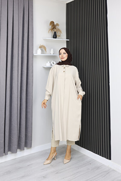 Grosh Fashion Kadın Uzun Tensel Tunik – Düğmeli, Rahat Kesim