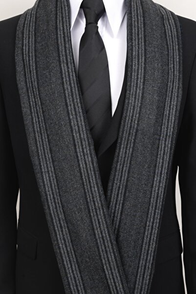 Esgue Γκρι μαύρο ριγέ μάλλινο κασκόλ - Κλασικό & κομψό ανδρικό κασκόλ