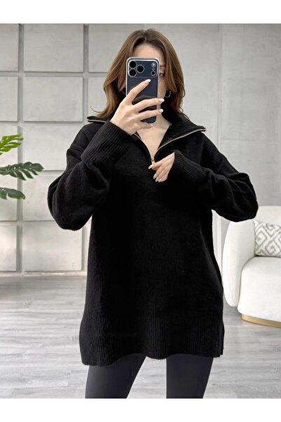 Coral Balon Kol Yarım Fermuarlı Kazak 75307 Siyah