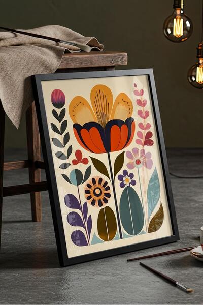 Buka Shops Boho Folk-Art Turuncu Çiçek Aranjmanı - Siyah Çerçeveli Tablo