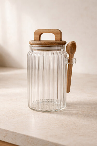 Kitchen Way Acacia Jar with Spoon and Gasket Lid, Line Pattern, 750ml Kw-1172