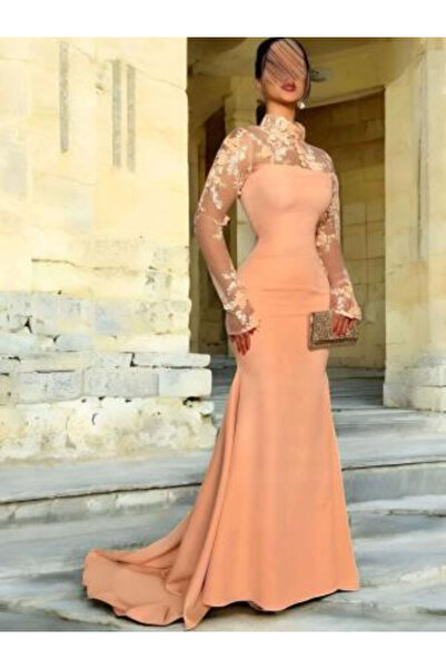 TREN Peach Lace Evening Gown Long Sleeve Mermaid Dress High Neck Formal Maxi ...