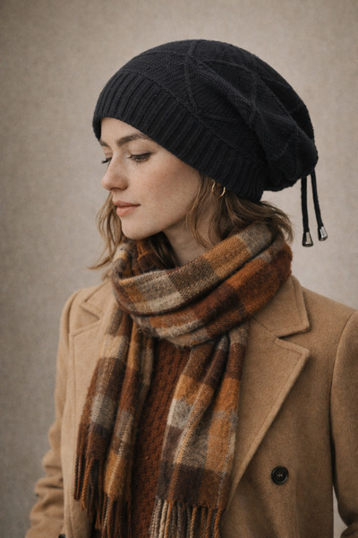 SİSTEM PELUŞ Women's Slouchy Beanie – Stylish Patterned with Adjustable Lacin...