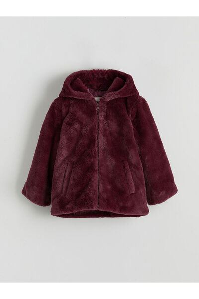 LC Waikiki Lcw Kids Claret Red Hooded Girls' Plush Coat