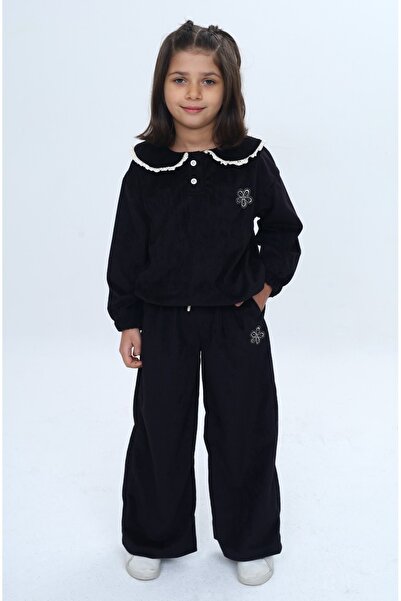 Toontoy Girl's 2-Piece Set: Embroidered Sweatshirt with Lace Collar & Elastic...