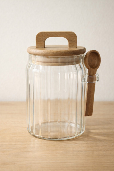 Kitchen Way Acacia Jar with Spoon and Gasket Lid, Line Pattern, 650ml, Kw-1171