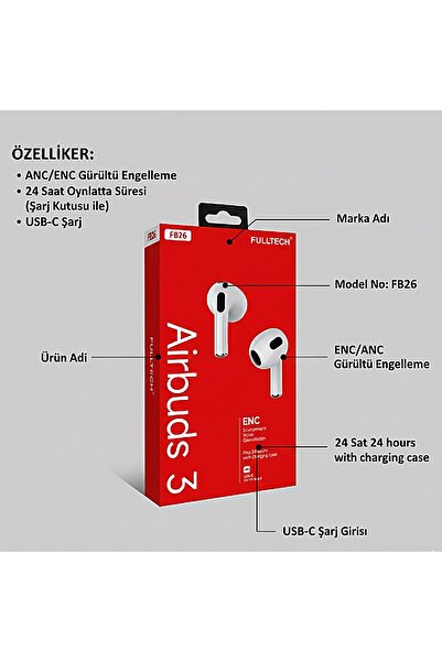 Fulltech Al-NET Airbuds 3 Kablosuz Bluetooth Kulaklık | Enc Gürültü Engelleme...