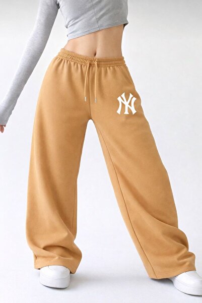 Le Vion Fleece-Lined Winter Women's Printed Brown Sweatpants Wide Leg Baggy P...