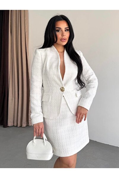 ZF BUTİK Kadın Gold Düğmeli Etekli Takım