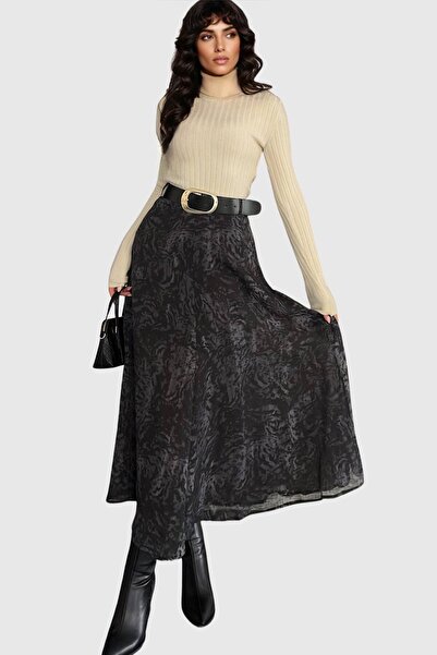 Trend Alaçatı Stili Women's Anthracite Patterned Maxi Skirt with Belt Alc-X14964