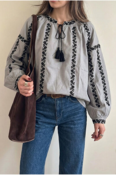 FEMELLE Women's Gray Oversized Tassel Collar Balloon Sleeve Embroidered Wide ...