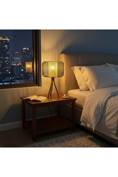 Generic Table Lamp with Tripod Stand, Black mild steel Wire Cage, Natural Rattan Weave, Gold Base, Modern De
