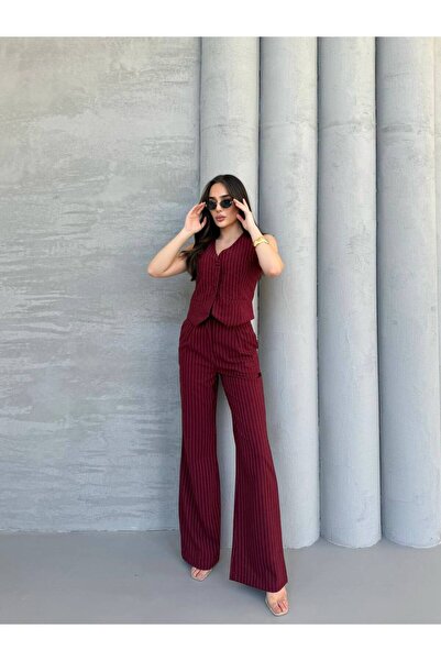 MADAME MELEK Women's Thin Striped Vest and High Waist Wide Leg Pants Set