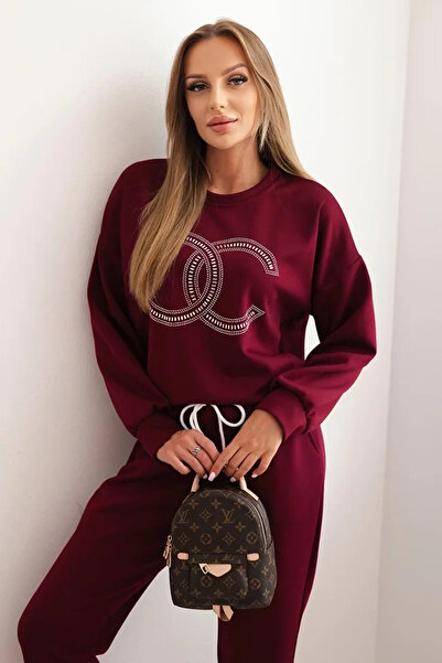 UniqueStore.ro Burgundy viscose suit with decorative appliqué and loose pants