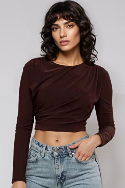 Trend Alaçatı Stili Women's Brown Crew Neck Sandy Crop Blouse with Accessory ...
