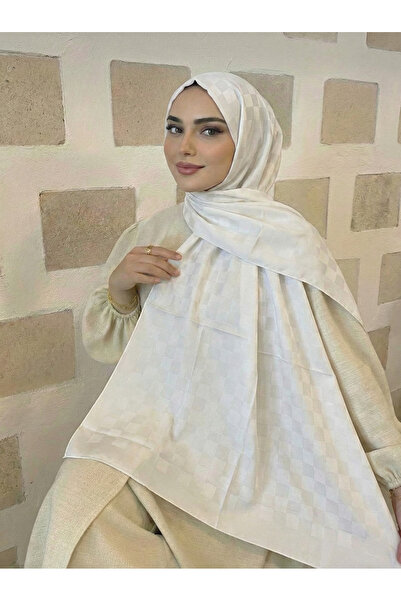 moodşal beyaz Kare Desenli Jakar Şal