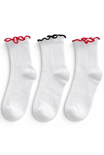 SOLDE SOCKS 3’lü Set Kadın Pamuklu Çorap – Fırfırlı Model, Düz Beyaz, Kaliteli
