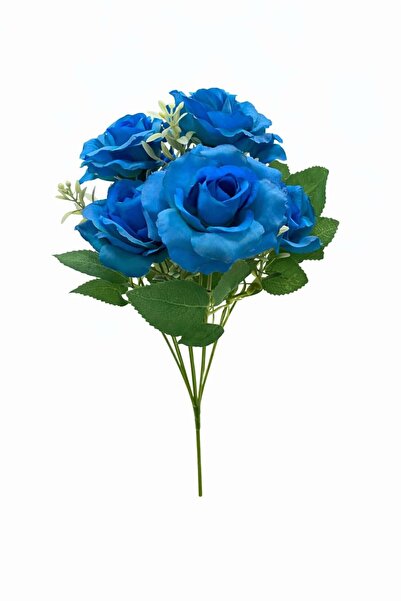 OEM Bouquet of 7 artificial deep blue roses with decorative leaves and buds 30cm