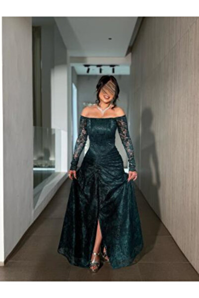 TREN Emerald Green Lace Maxi Dress Off Shoulder Long Sleeve Evening Gown with...
