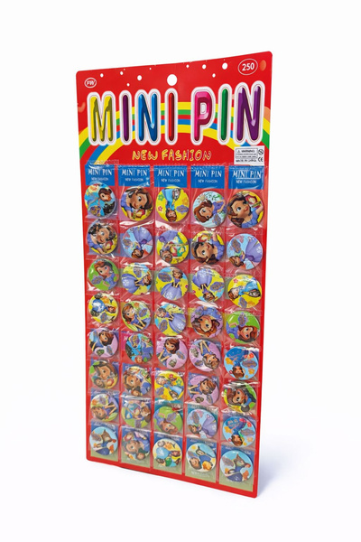 OEM Set of 40 round badges 3 cm with cheerful characters, packaging 13x38 cm