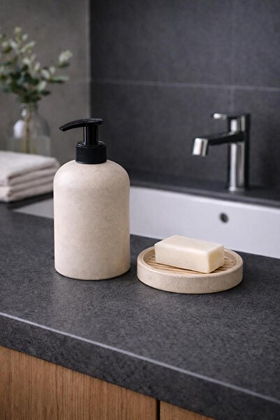 Liva Home Life 2 Parça Beton Banyo Seti Sıvı Sabunluk Katı Sabunluk