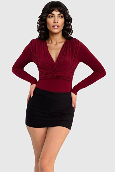 Trend Alaçatı Stili Bluză de damă Bordeaux cu decolteu în V în față și în spa...