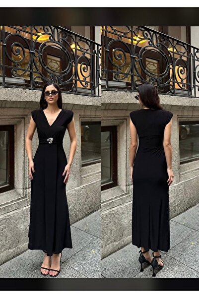 Butik kalı kolsuz v yaka belden drapeli vatkalı uzun elbise