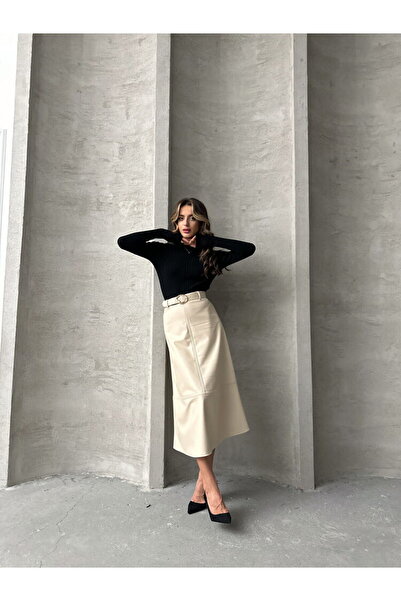 InKitchen Belted Leather Skirt