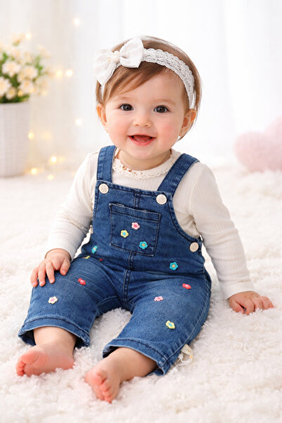 AKİ MODA KİDS • Baby Girl Floral Embroidered Denim Salopet Set – Long Sleeve ...