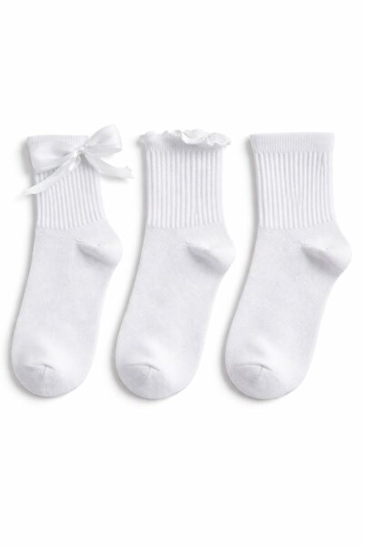 SOLDE SOCKS 3’lü Set Kadın Pamuklu Çorap – Fiyonk & Fırfırlı Model, Düz Beyaz...