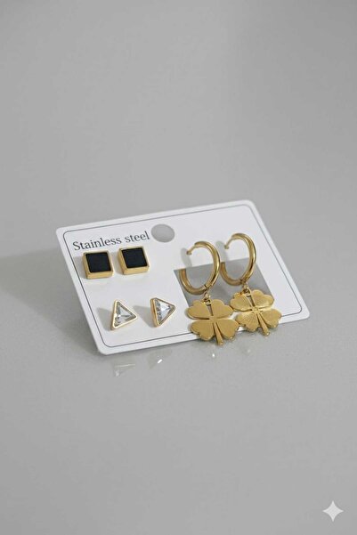 stainles steel Yonca Detaylı ,Zirkon Taşlı Çelik Halka Küpe