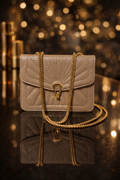 ECRİN LUX ÇANTA Kadın Krem Rengi Zincir Detaylı Kilitli El Çantası