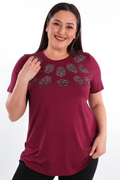 SERTUĞ Trend42Plus Crystal Stone Short Sleeve Plus Size Viscose Burgundy Wome...