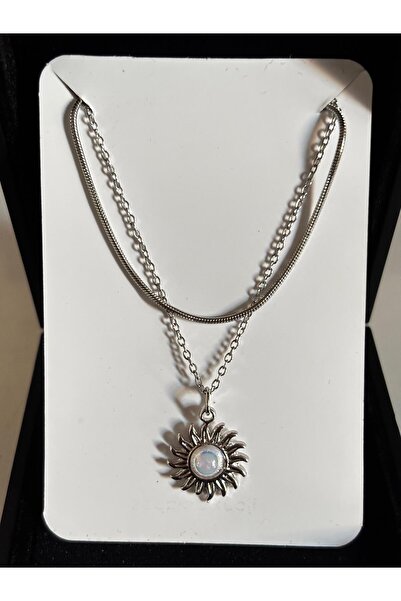 bijoux uniques çelik hologram taşlı iki zincirli kadın kolye